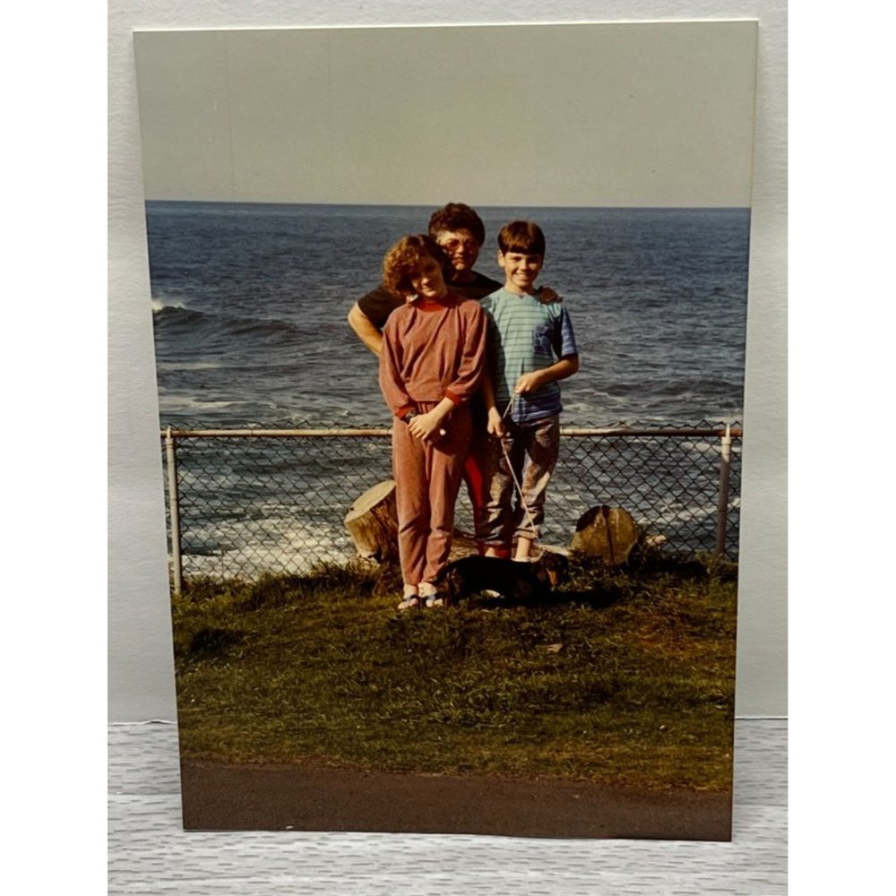 Dachsund Dog with Family on Oregon Coast Found Photo Snapshot 1994 Brindle